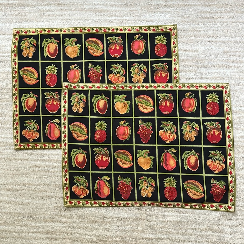Vintage April Cornell Black Fruit Placemats Set of 2